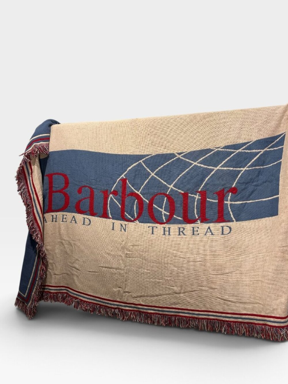 Barbour Ahead in Thread cream red blue cotton fringe trim throw blanket